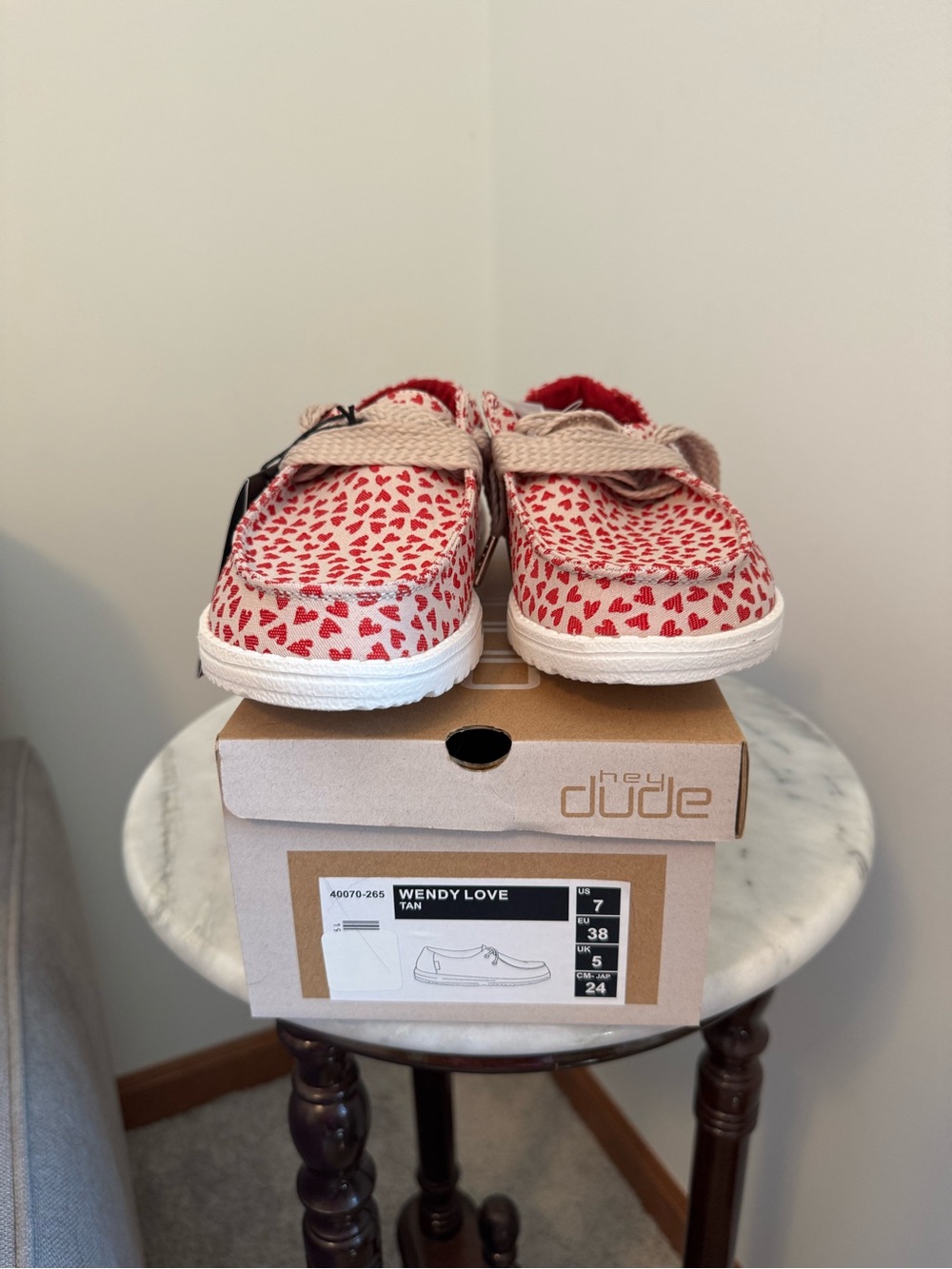Authentic Hey Dude Wendy Love Shoes - Tan with Red Hearts